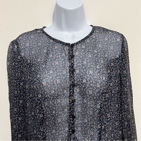 The East Order Navy Floral Sheer Tie Front Blouse Size Medium - Picture 2 of 8